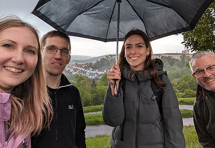 Immer den Regenschirm am Start beim Hightech Hiking im Killesbergpark in Stuttgart im Frühjahr 2024